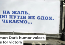 A banner reading, ‘Regrettably, Putin did not die today. We are waiting …’ hangs in the City Garden of Odesa, Ukraine, on April 1, 2023. Viacheslav Onyshchenko/Global Images Ukraine via Getty Images News